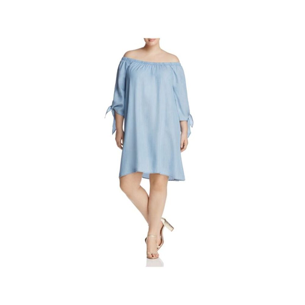 COLLECTION BY BOBEAU Womens Blue Tie Chambray 3/4 Sleeve Shift Dress Plus 2X